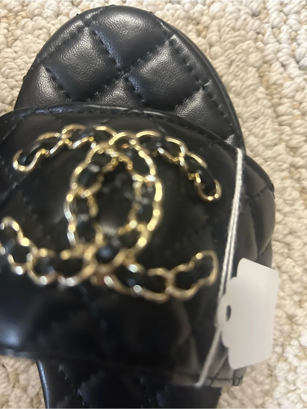 CHANEL Black Quilted Leather Slide Mules with Gold CC Chain